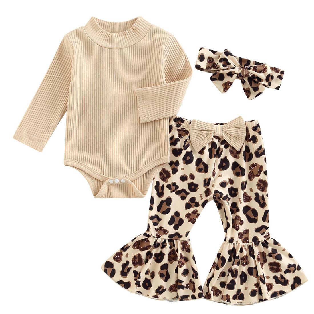 Baby Girl Beige Bow Leopard Flares 2 Piece Clothing Set - MyTy | Buy on-trend and stylish Baby and Toddler Onesies and bodysuits @ My Trendy Youngsters - Dress your little one in Style @ My Trendy Youngsters 