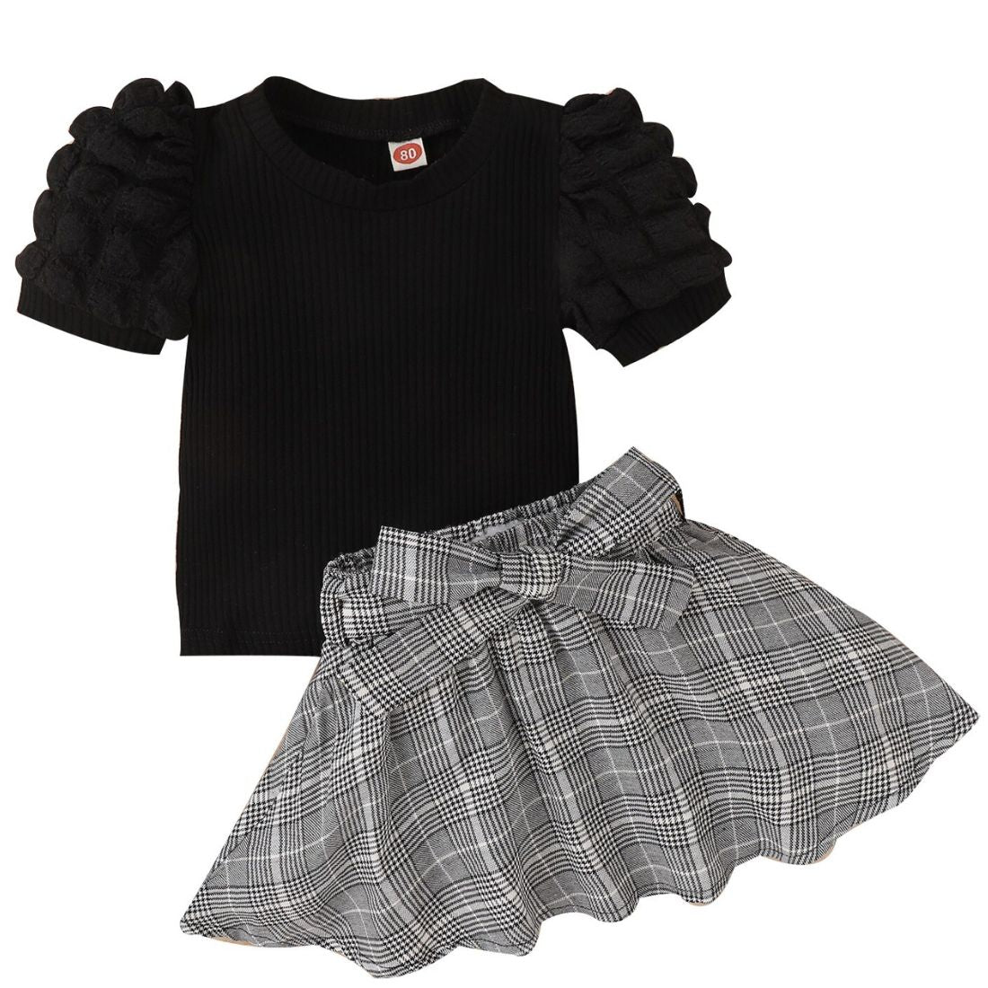 Toddler Girl Black Puff Plaid Skirt 2-Piece Clothing Set - My Trendy Youngsters | Buy on-trend and stylish Baby and Toddler Clothing Sets @ My Trendy Youngsters - Dress your little one in Style @ My Trendy Youngsters 