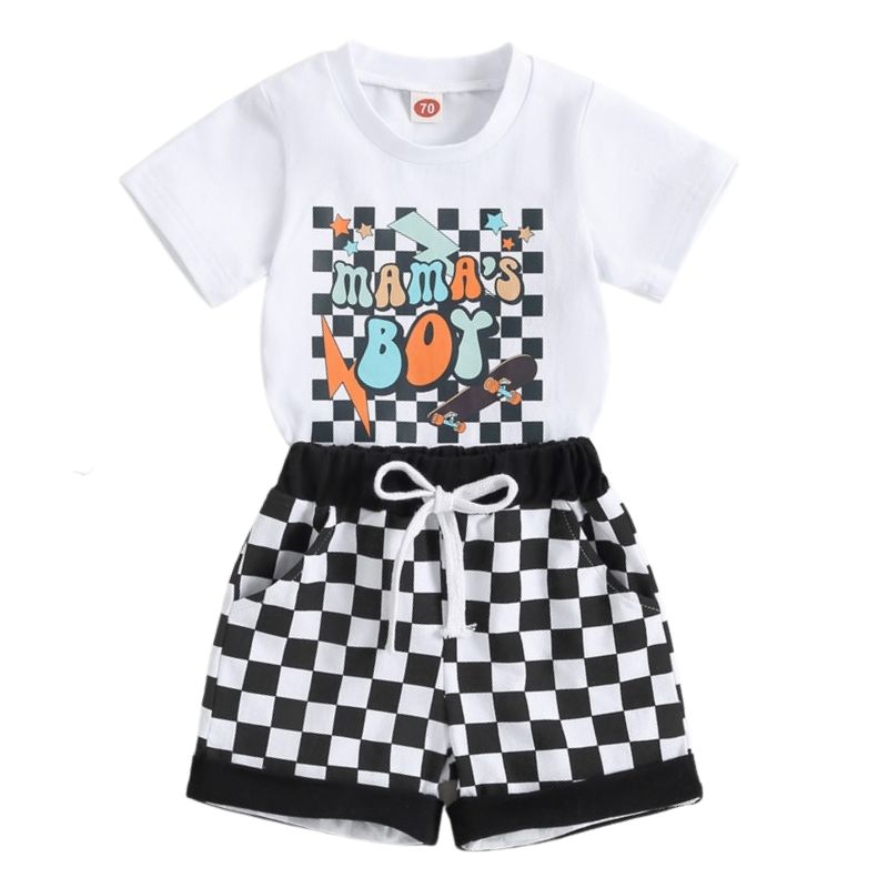 Shirt tucked in to Checkered Mamas Boy Baby Clothing Set