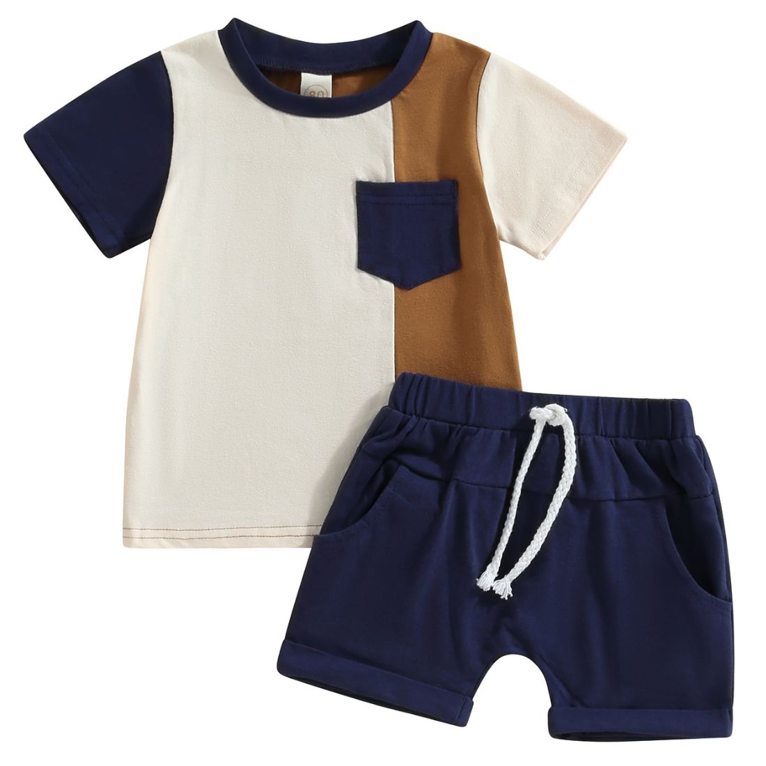 Contrast Pocket Shorts Toddler Clothing Set | Beige and Blue