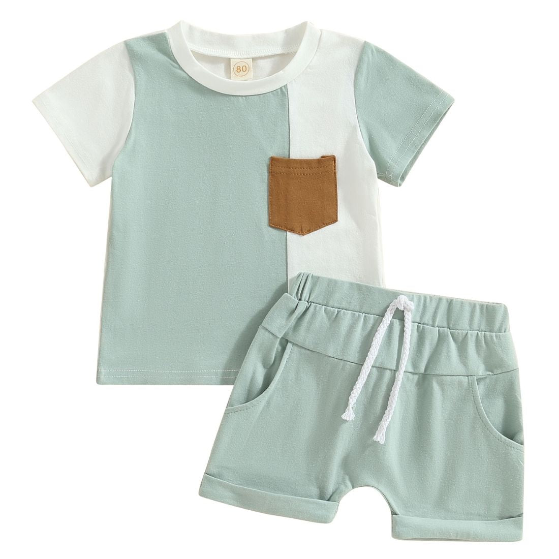 Contrast Pocket Shorts Toddler Clothing Set | White and Green Set
