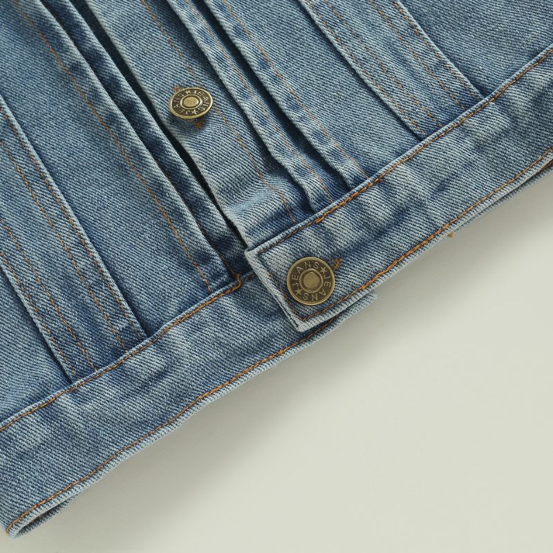 Close up of button enclosure and detail on Denim Hoodie Toddler Shirt