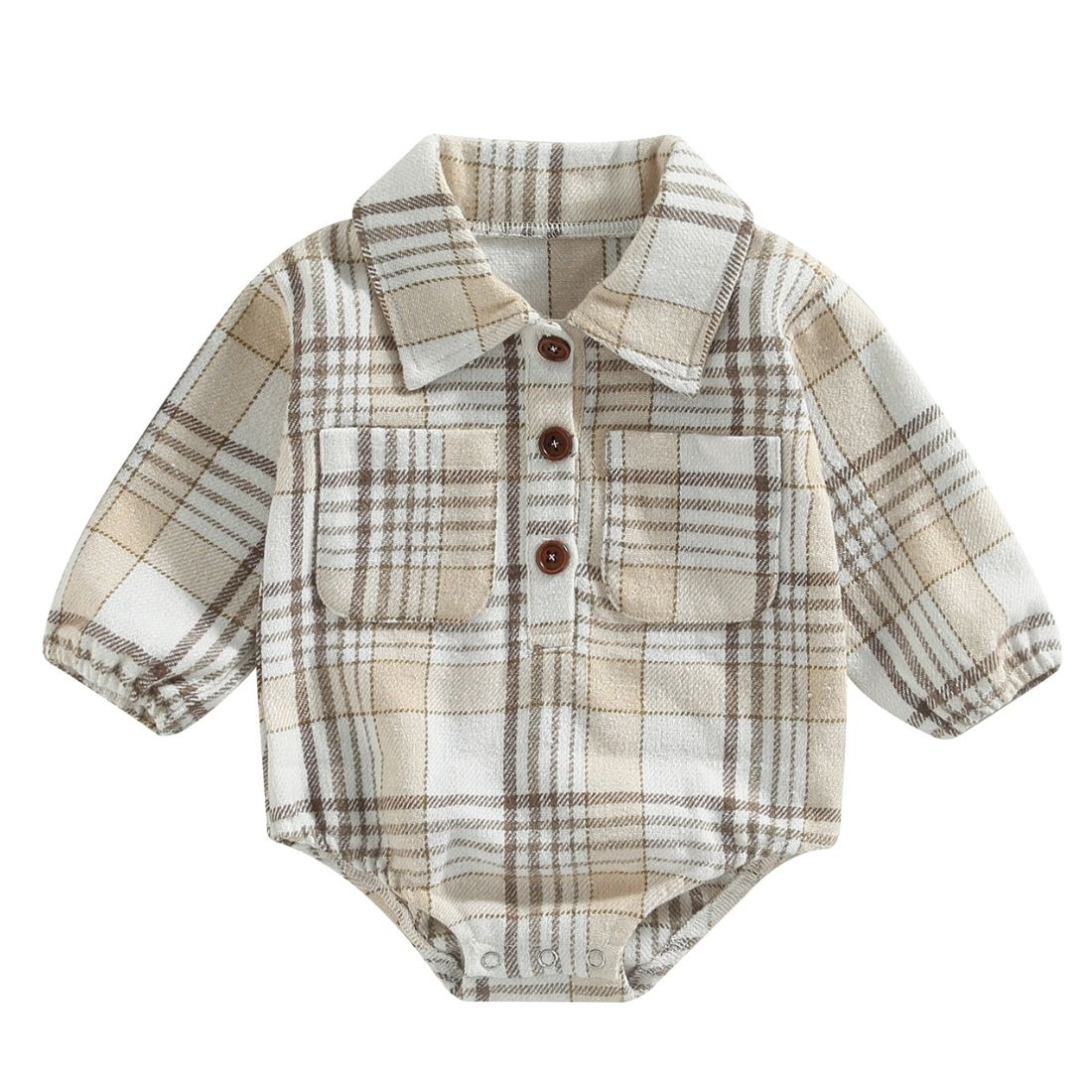 A baby boy earthy beige plaid bodysuit with two front pockets and easy snap clips