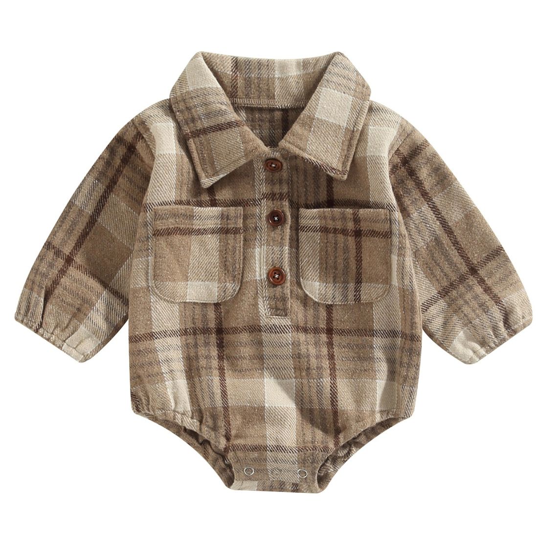 A baby boy earthy khaki plaid bodysuit with two front pockets and easy snap clips