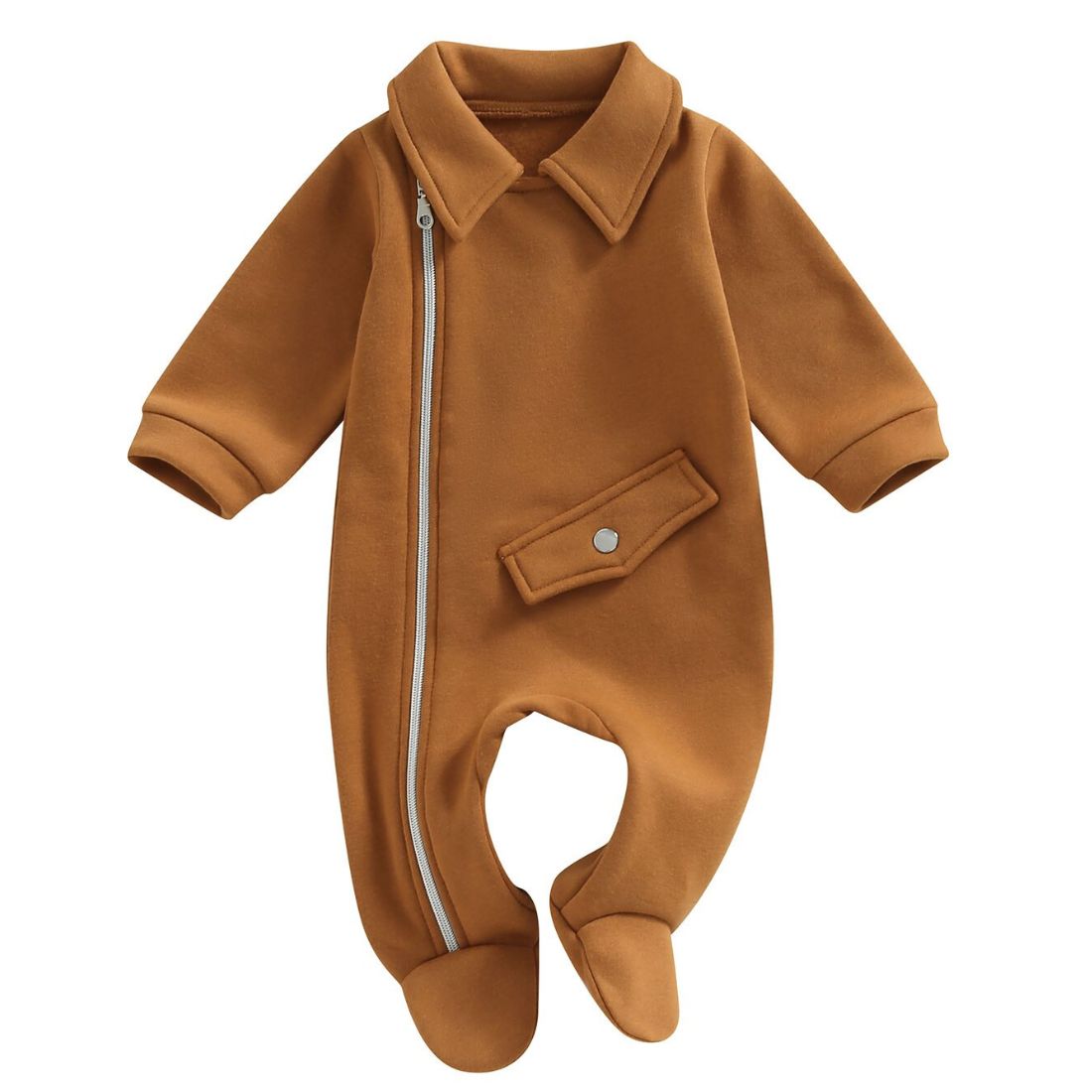 A trendy baby brown lapel jumpsuit with zipper