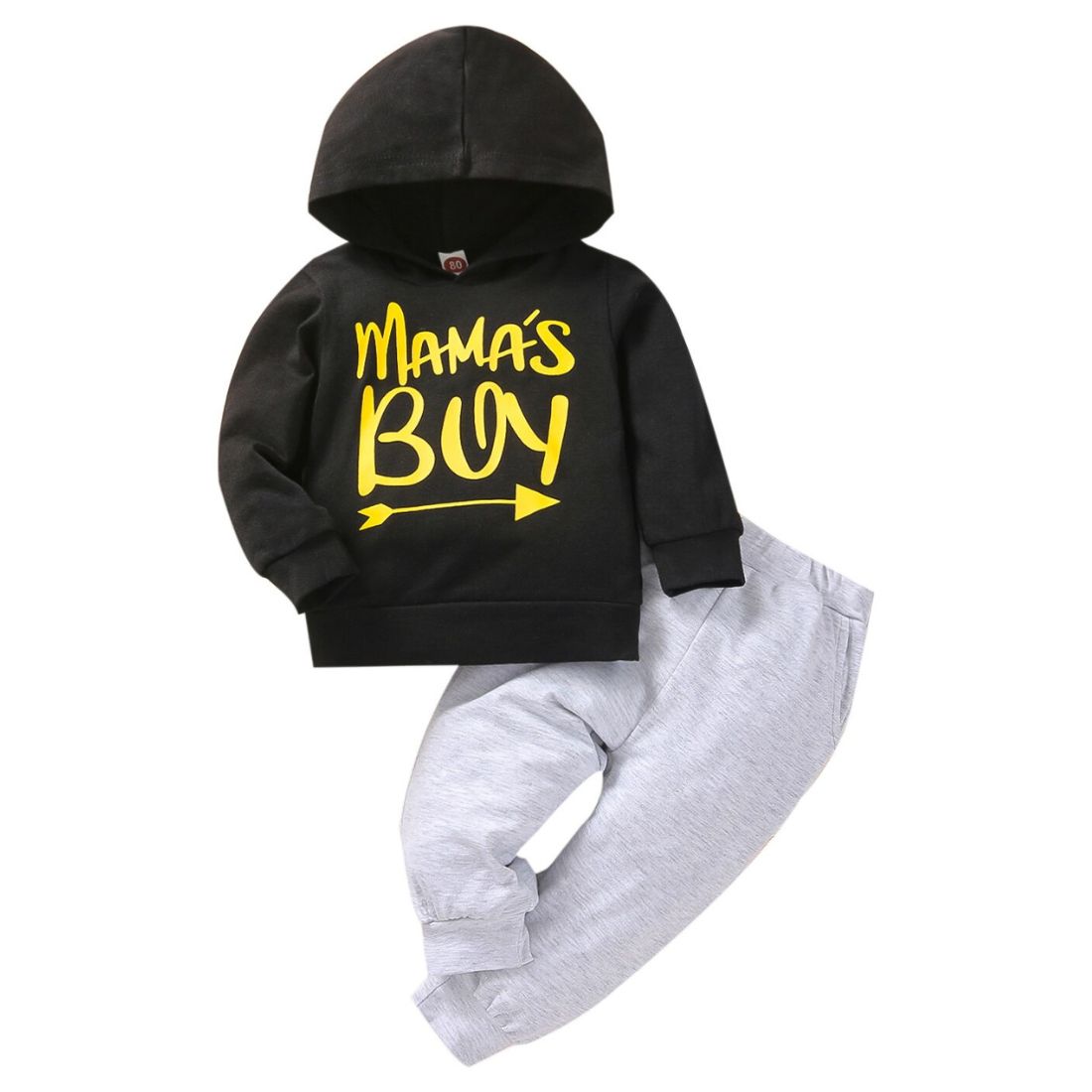 A baby boys black hooded sweatshirt and grey pants with mamas boys print