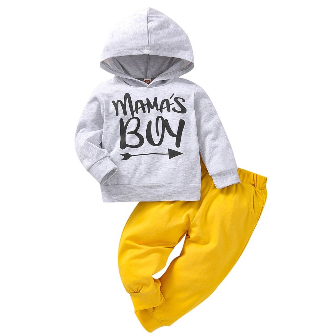 A baby boys grey hooded sweatshirt and yellow pants with mamas boys print