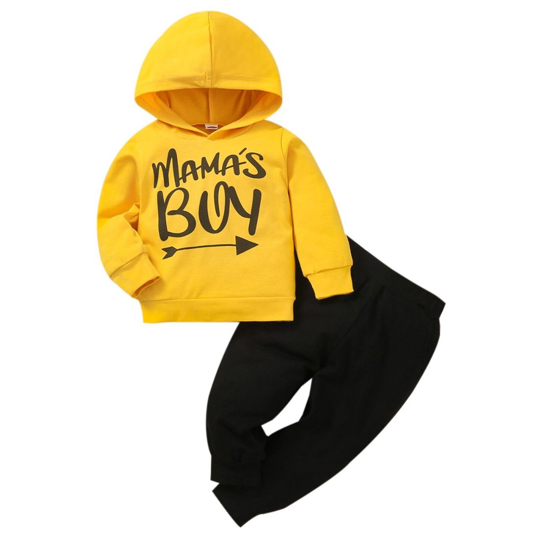 A baby boys yellow hooded sweatshirt and black pants with mamas boys print