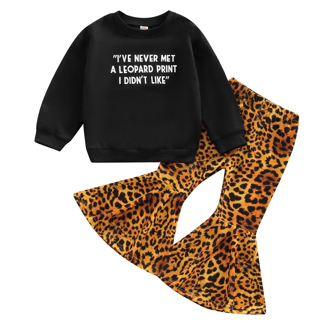 Little Girl Never Met A Leopard Print I Didnt Like Sweatshirt + Leopard print Flares  2 Piece Clothing Set - MyTy | Buy on-trend and stylish Baby and Toddler Clothing Sets @ My Trendy Youngsters - Dress your little one in Style @ My Trendy Youngsters 