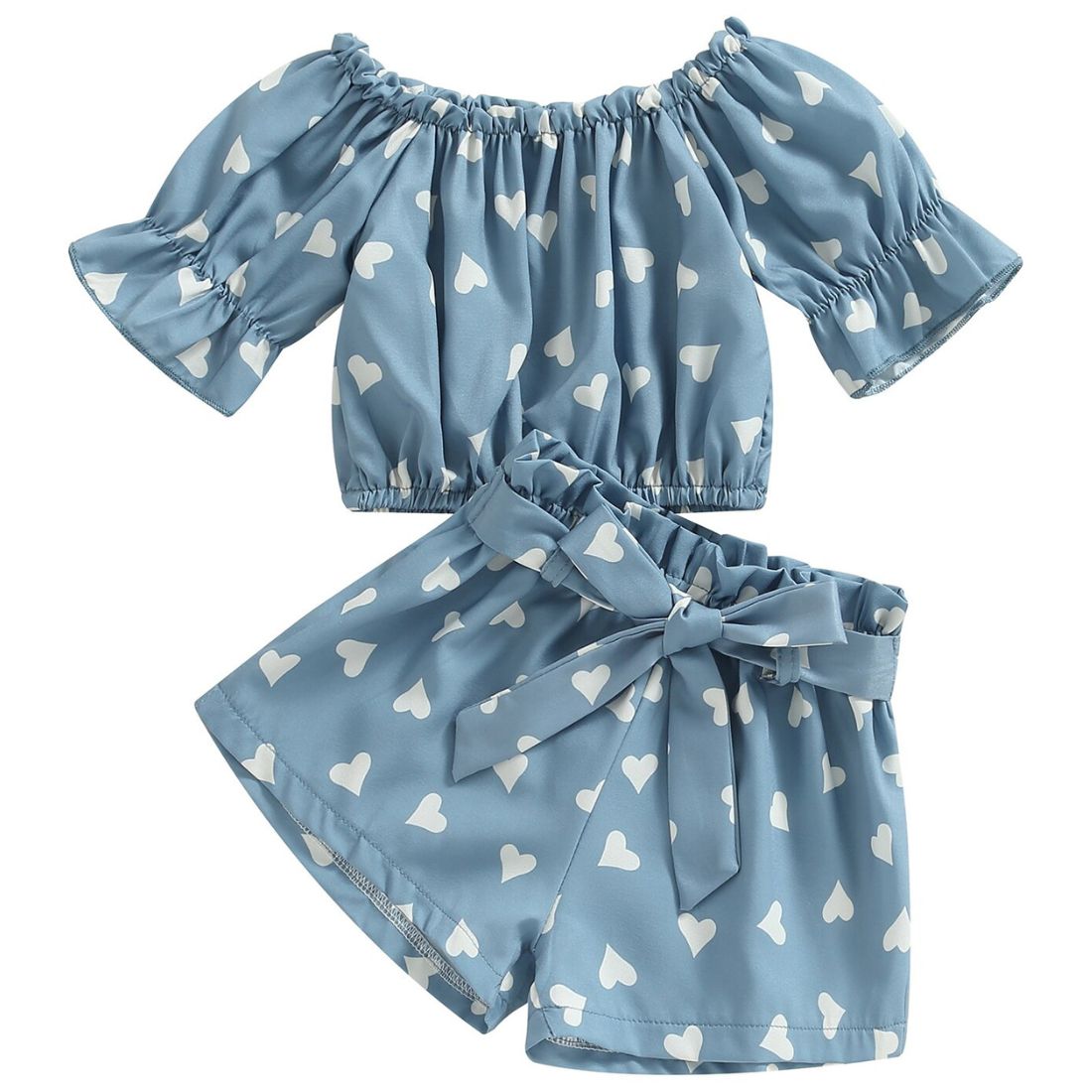 Off Shoulder Heart Print Toddler Girl Set | Blue