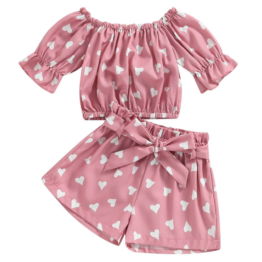 Off Shoulder Heart Print Toddler Girl Set | Pink