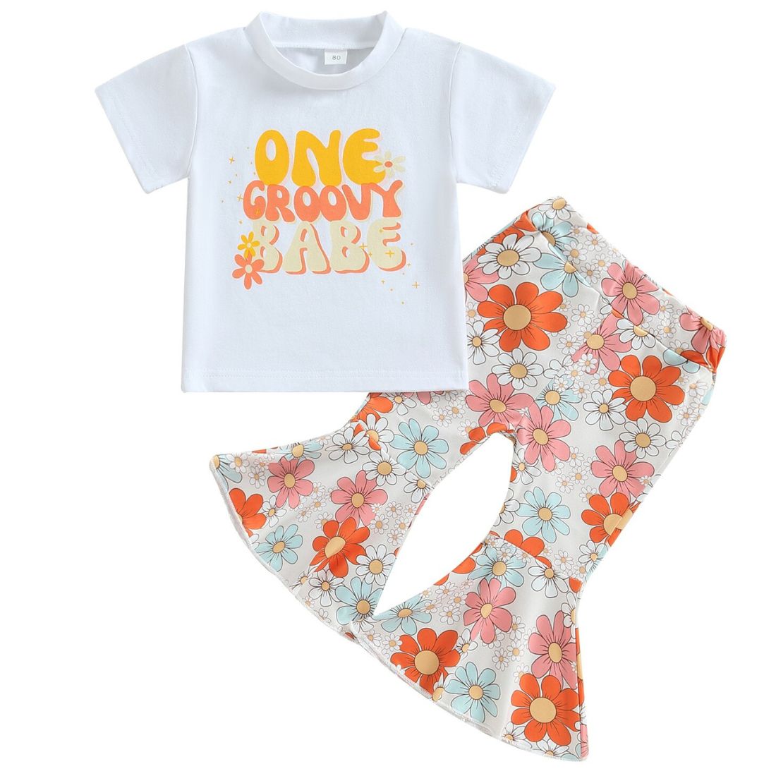 Little Girl One Groovy Babe Tee + Flower Flared Pants  2 Piece Clothing Set- My Trendy Youngsters | Buy on-trend and stylish Baby and Toddler Clothing Sets @ My Trendy Youngsters - Dress your little one in Style @ My Trendy Youngsters 