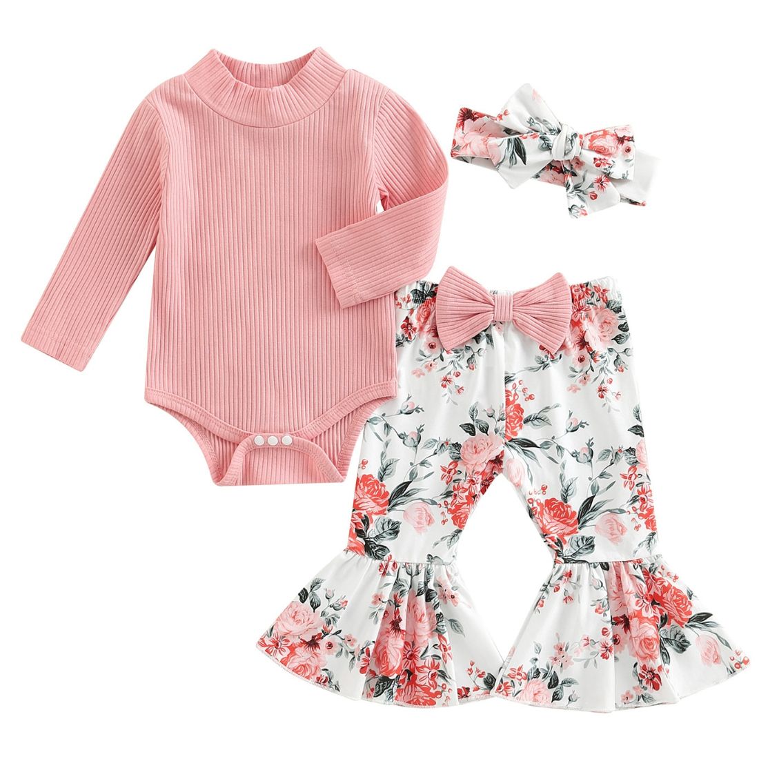 Baby Girl Pink Long Sleeved Ribbed Bodysuit paired with Floral Flares featuring a Big Bow Clothing Set - My Trendy Youngsters  | Buy on-trend and stylish Baby and Toddler Clothing Sets @ My Trendy Youngsters - Dress your little one in Style @ My Trendy Youngsters 