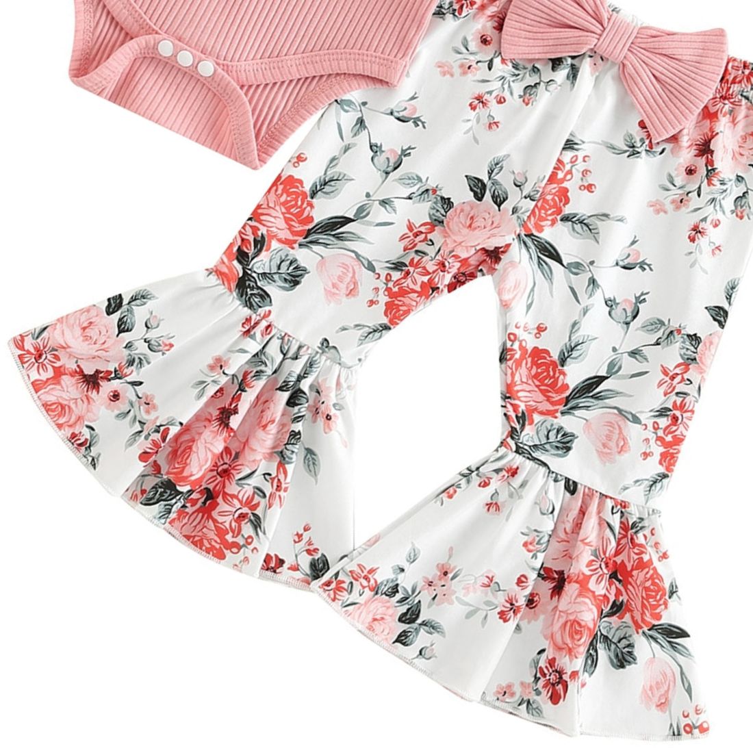 Baby Girl Pink Long Sleeved Ribbed Bodysuit paired with Floral Flares featuring a Big Bow Clothing Set - My Trendy Youngsters | Buy on-trend and stylish Baby and Toddler Clothing Sets @ My Trendy Youngsters - Dress your little one in Style @ My Trendy Youngsters 