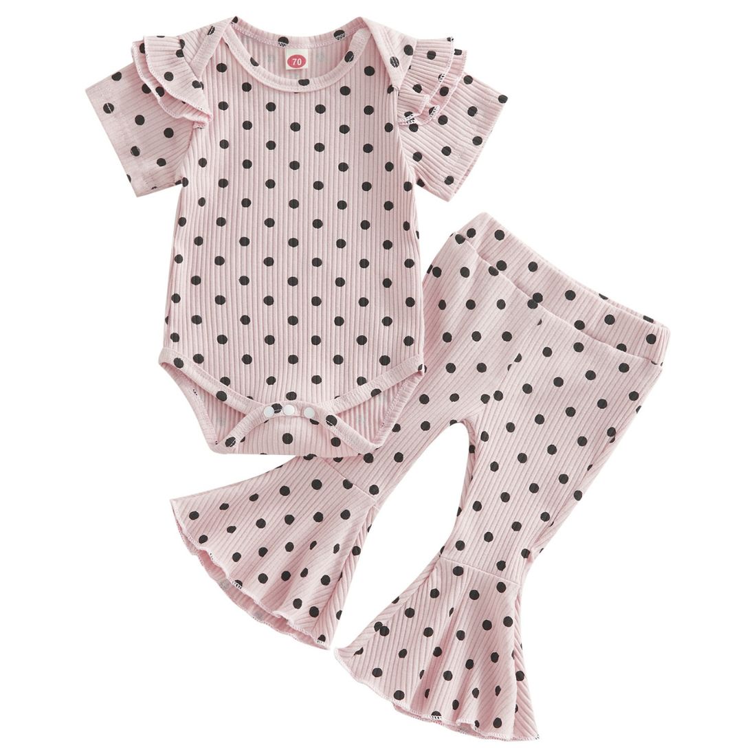 Baby girl Short Sleeve Pink Ruffle Ribbed Bodysuit and Matching Flares Set