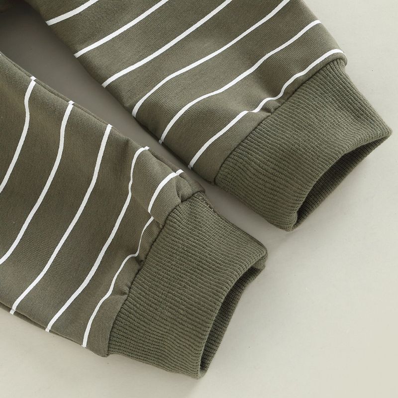 Up close of elastic legcuffs and green striped fabric in Pocket Striped Pants Toodler Clothing Set
