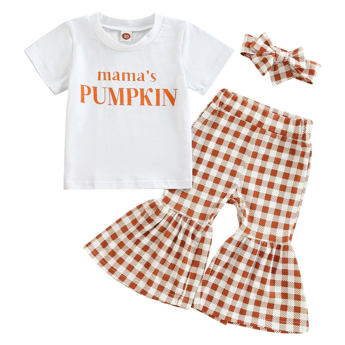 Little Girl Short Sleeve White Tee with Pumpkin Letter print + Plaid Flared pants 2 Piece Clothing Set - My Trendy Youngsters | Buy on-trend and stylish Baby and Toddler Clothing Sets @ My Trendy Youngsters - Dress your little one in Style @ My Trendy Youngsters 
