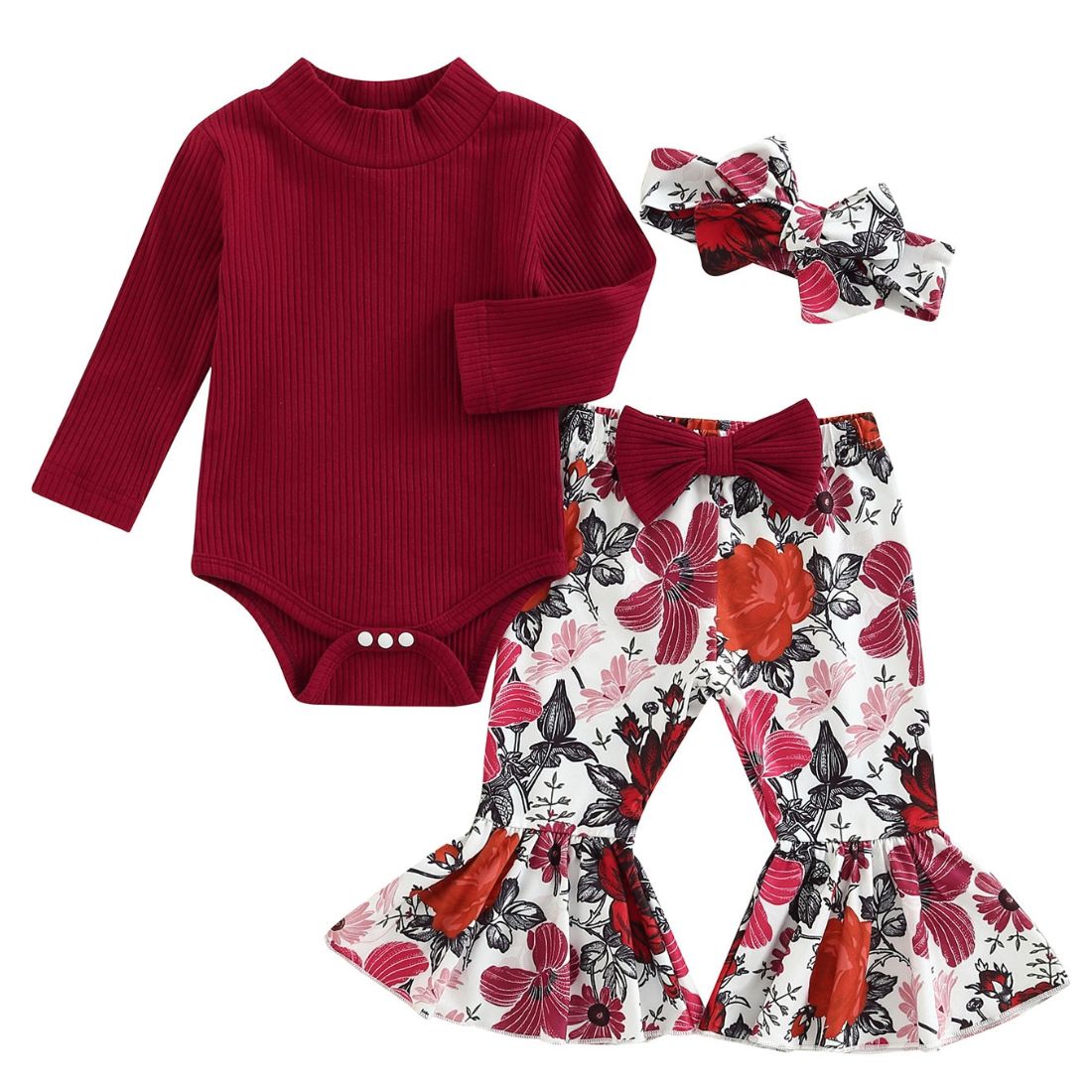 Baby Girl Red Bodysuit with Bowknot Flares Clothing Set