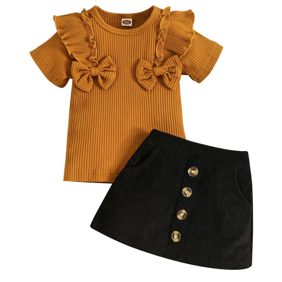 Brown Ribbed Short Sleeve T-shirt with Bows and a black A-line skirt  Toddler Clothing Set