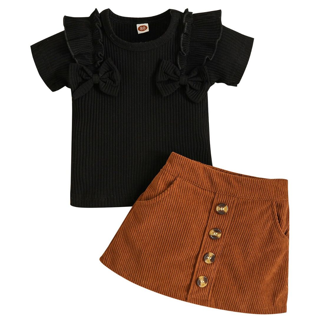 Black Ribbed Short Sleeve T-shirt with Bows and a brown A-line skirt Toddler Clothing Set