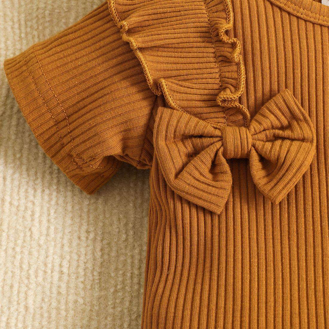 Close up of Brown ribbed T-shirt with bow Toddler Clothing Set