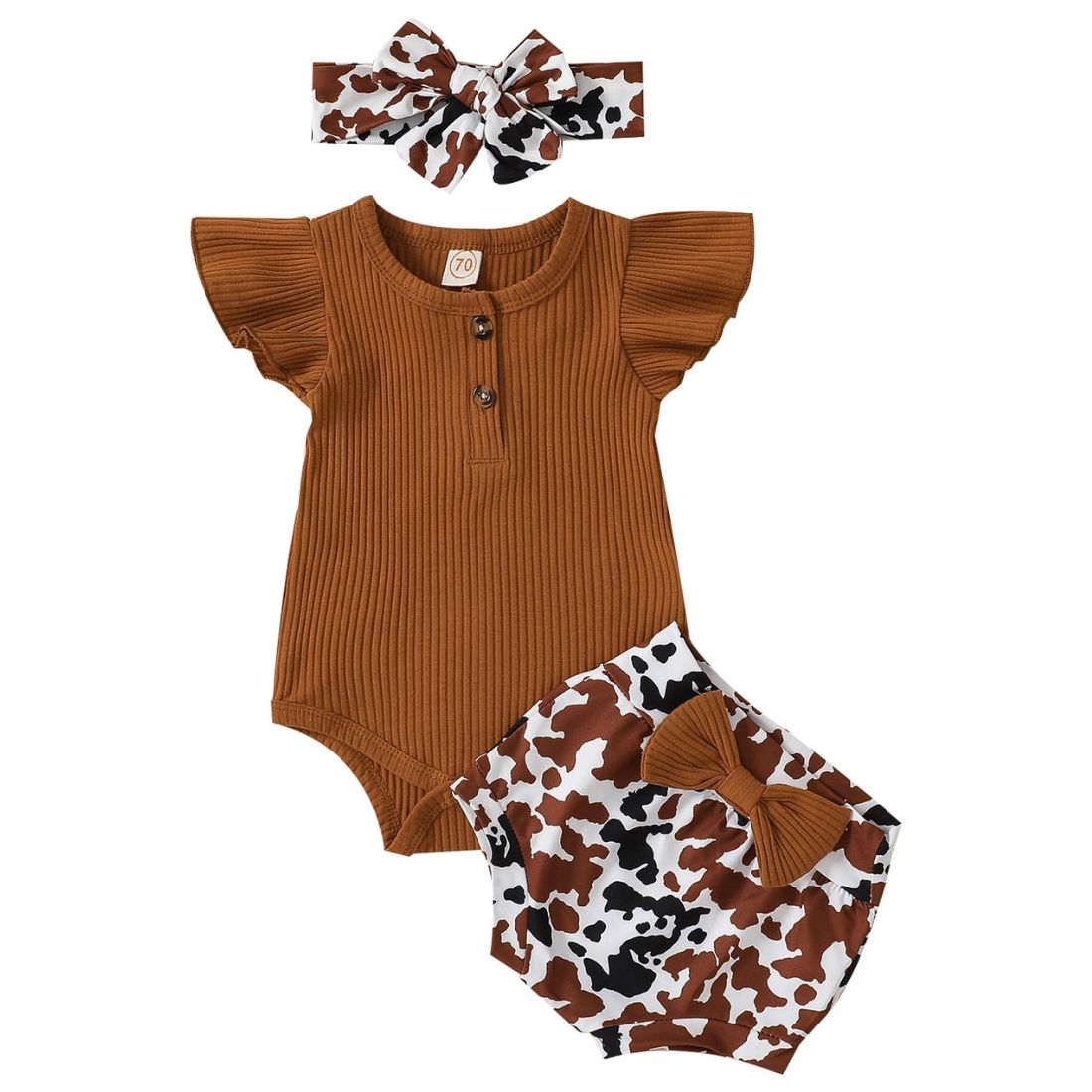 Baby Girl Brown Fly Sleeve Bodysuit with easy snaps and Brown/black pattern shorts with Bow Stylish Clothing Set