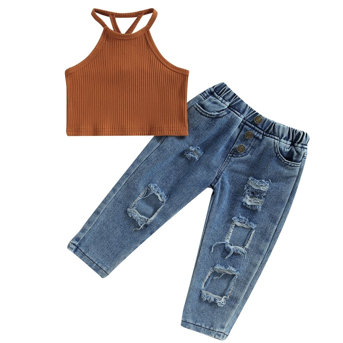 A Stylish Toddler Girl brown ribbed tank and blue pants with rip design