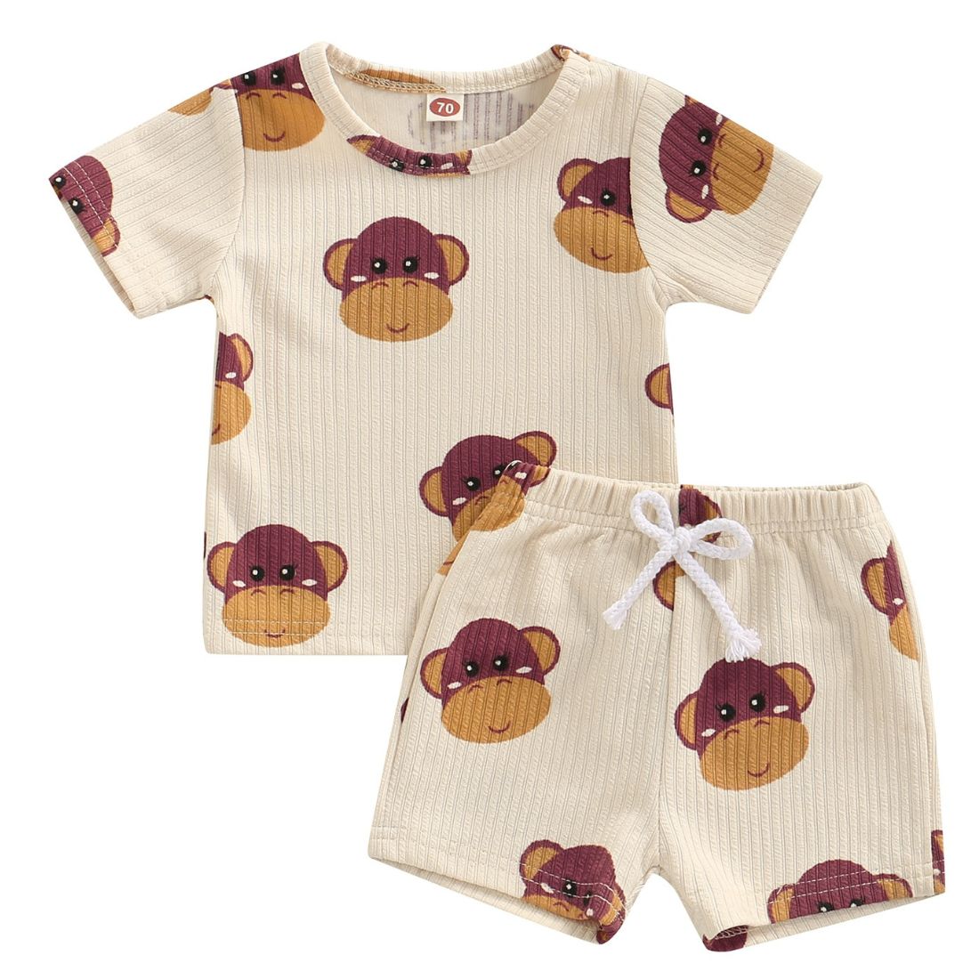 Ribbed T-Shirt and Shorts with Monkey head print 2 piece Baby Clothing Set