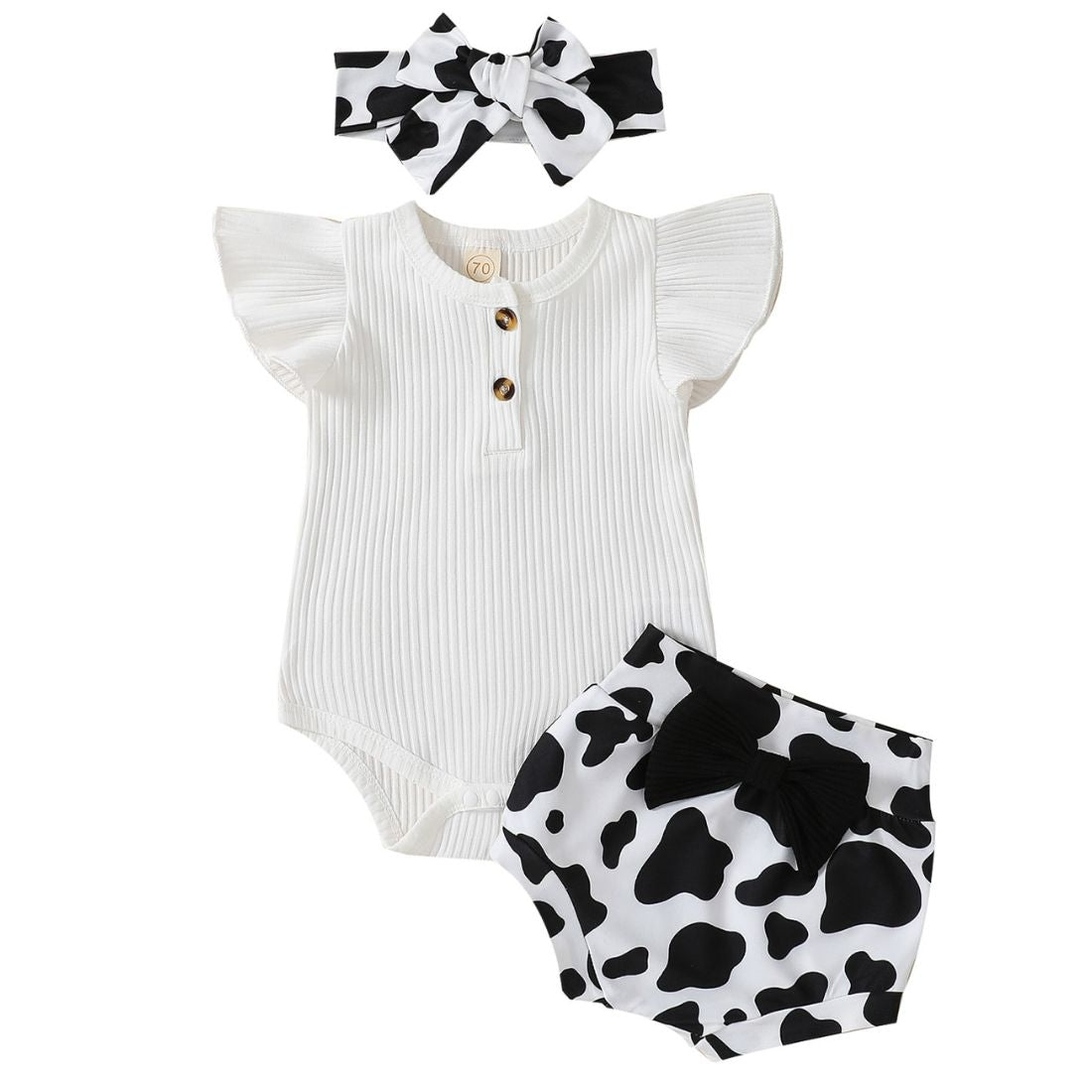 Baby Girl White Fly Sleeve Bodysuit with easy snaps and White/black pattern shorts with Bow Stylish Clothing Set