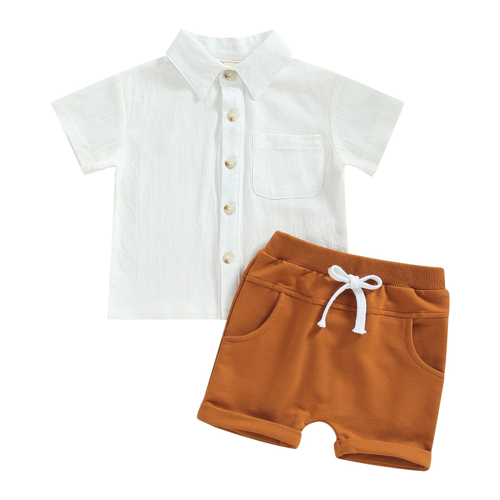 White Button up Toddler Boy Set |  Brown