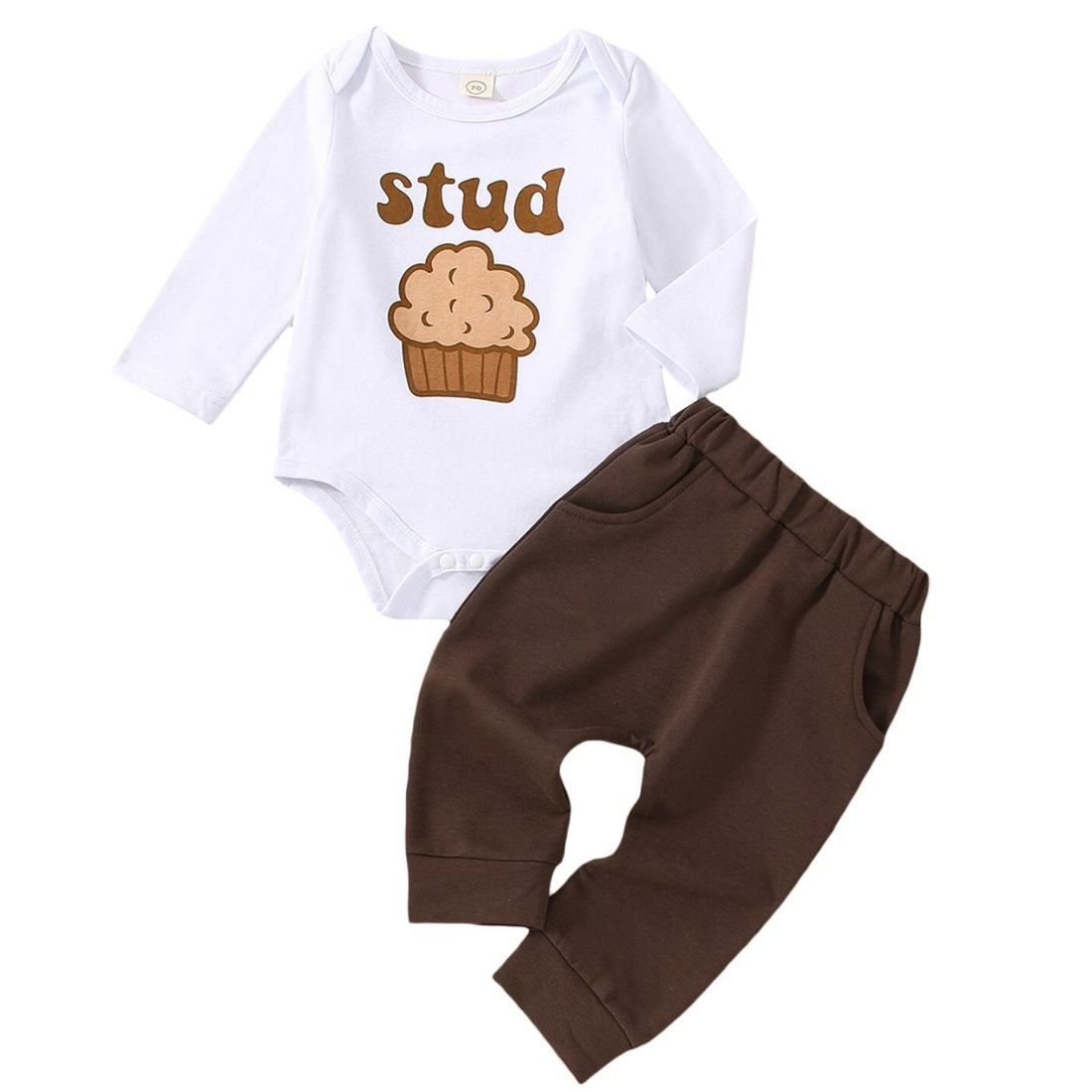 A trendy baby boys white bodysuit with a stud muffin print and brown pants clothing set