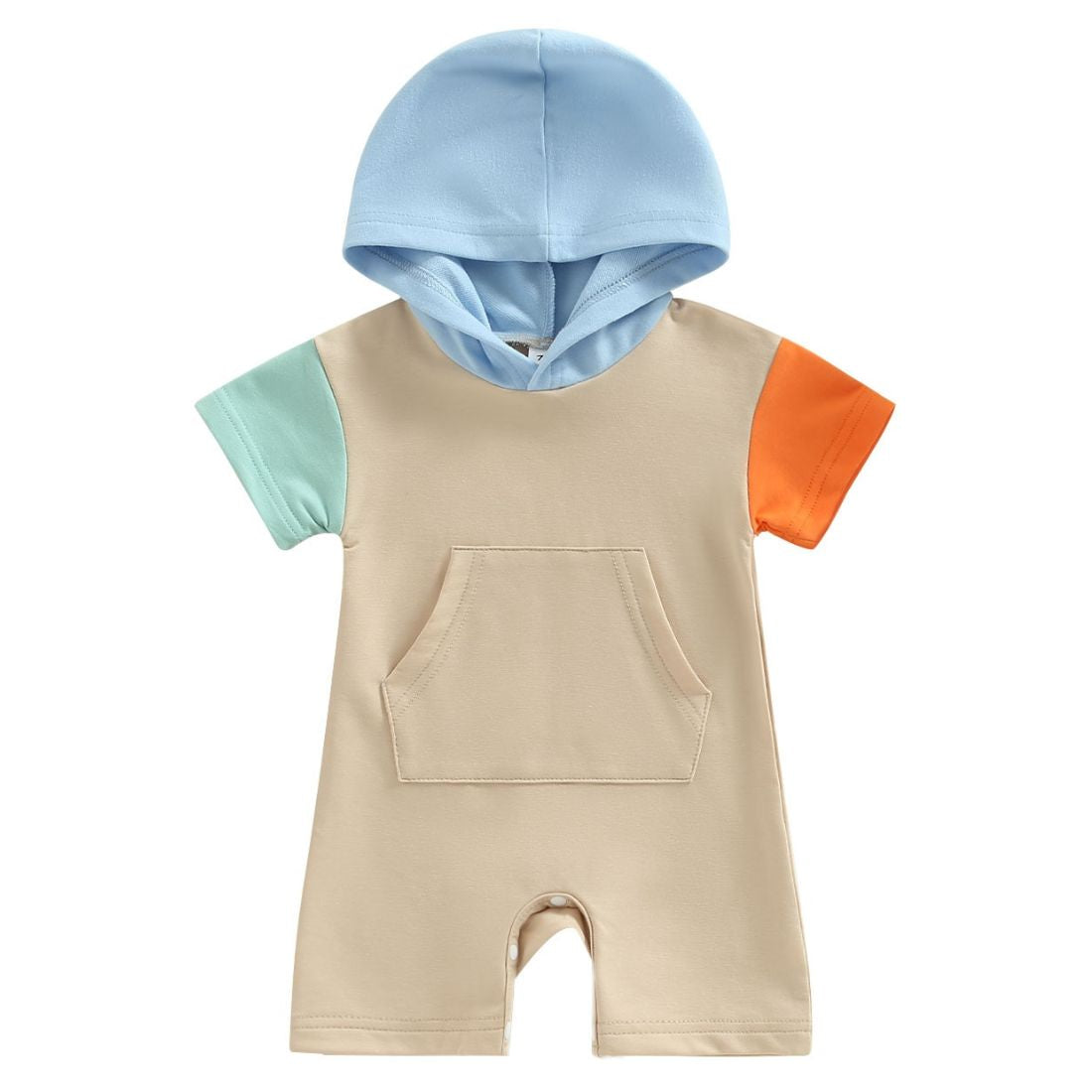 Summer Hood Pocket Baby Romper with Orange and green sleeves