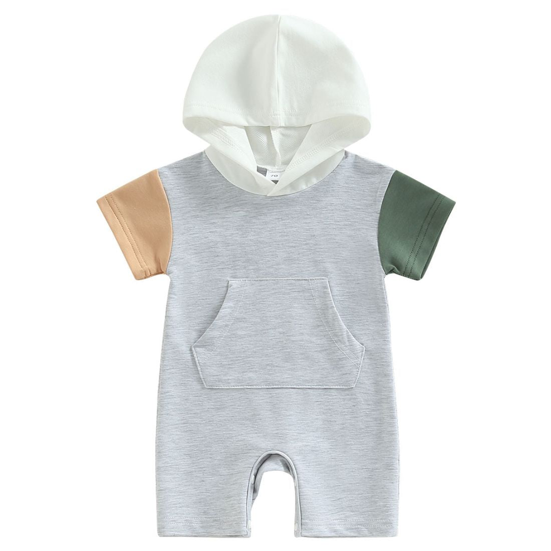 Summer Hood Pocket Baby Romper with Browns and green sleeves
