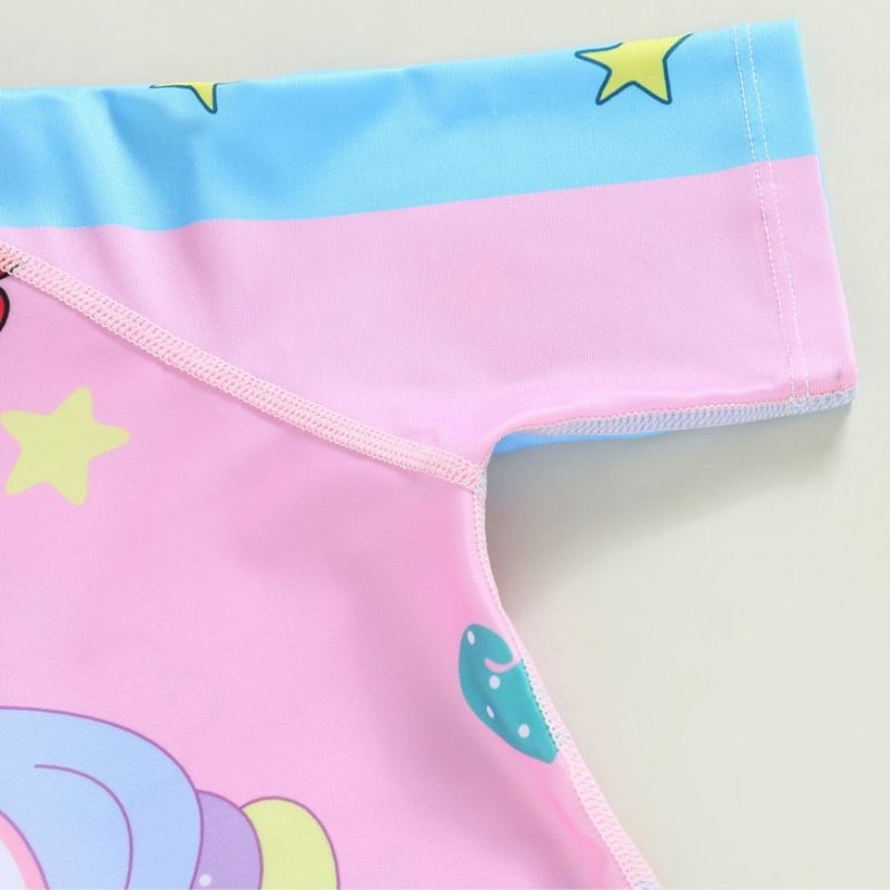 Close up of sleeves on Unicorns Toddler Swimsuit Set