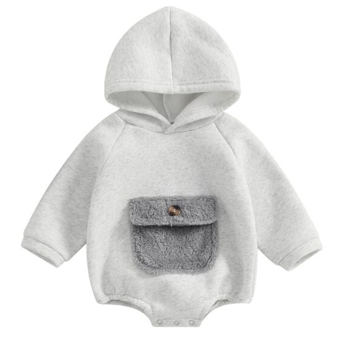 Hooded Fuzzy Pocket Baby Bodysuit | Grey