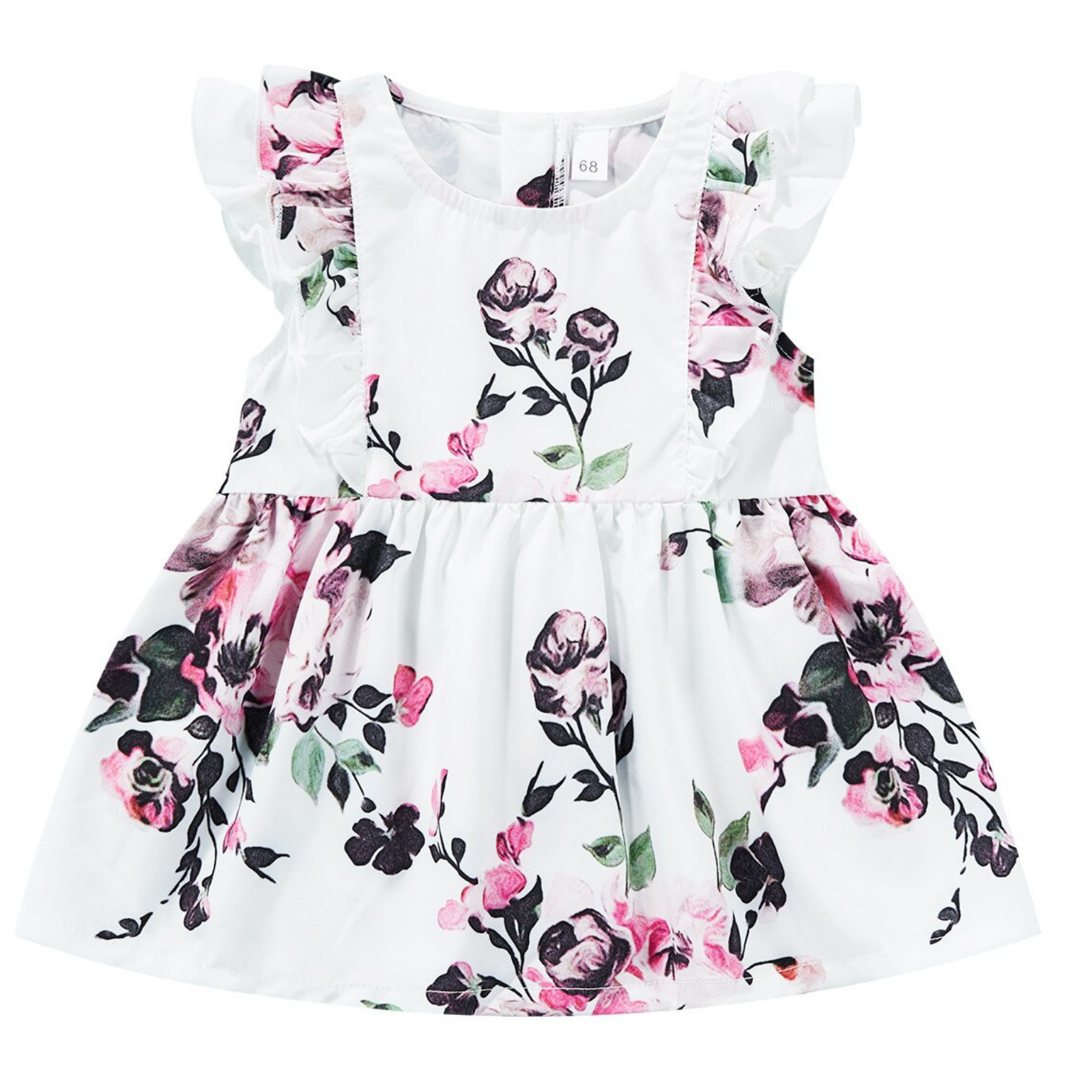 White & Pink Floral Ruffle Dress