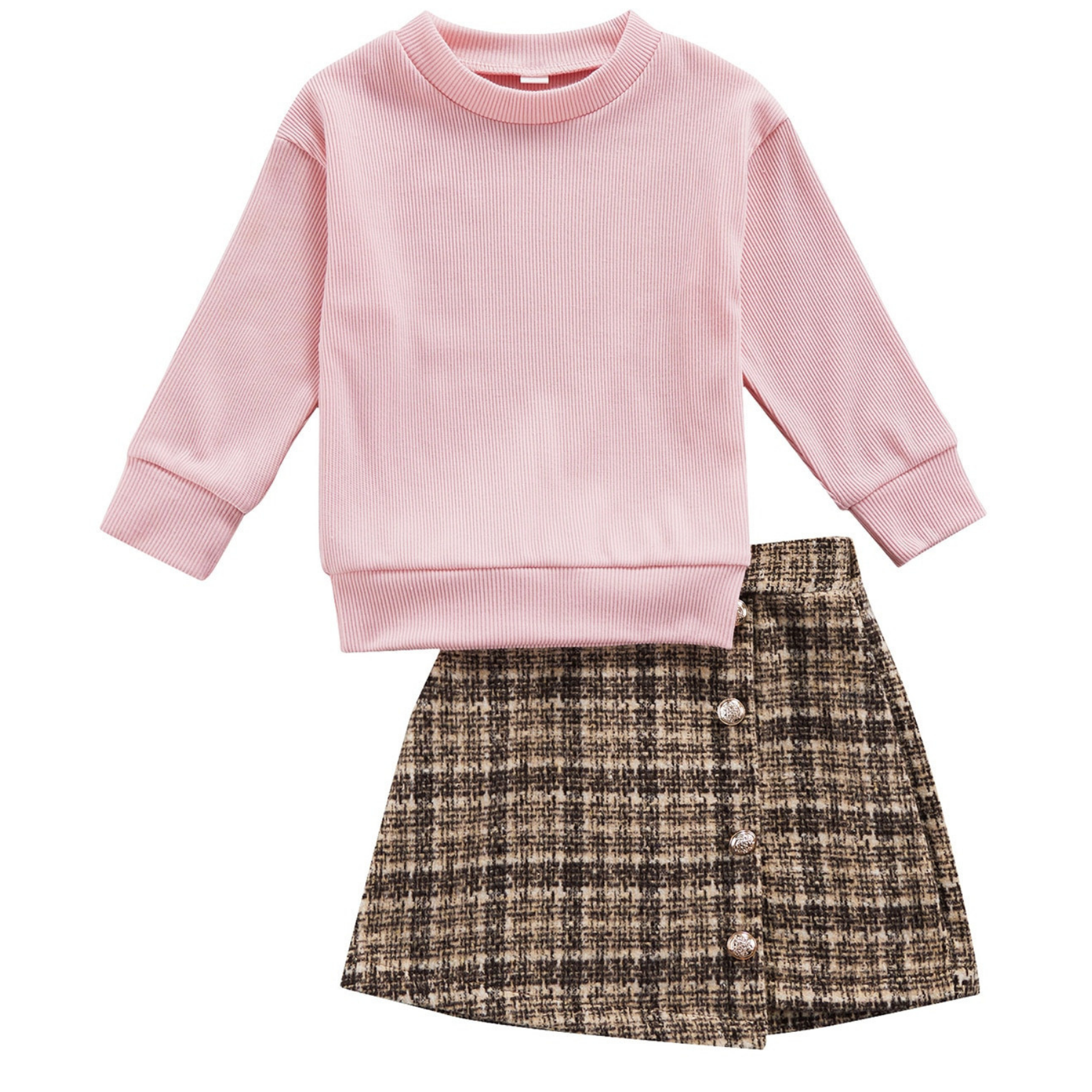 Pink Pullover & Plaid Skirt Set