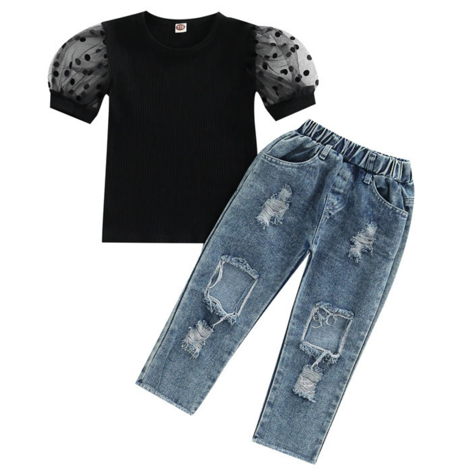 Ribbed Puff Tee & Ripped Jeans Set