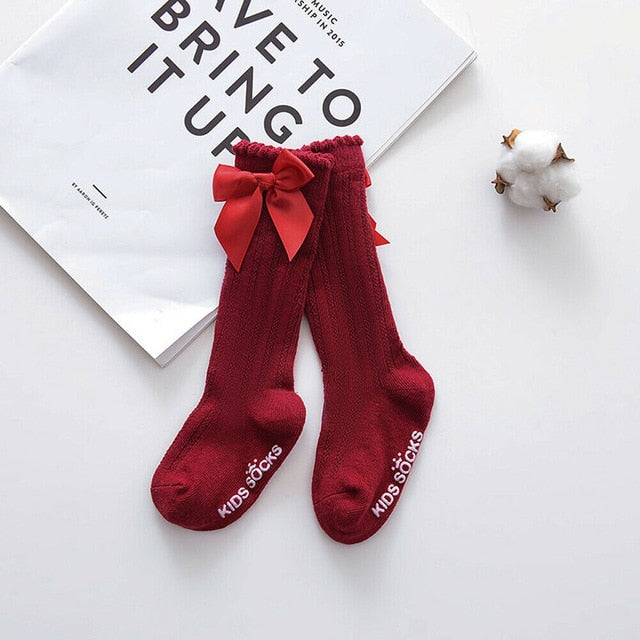 Cotton Bow Knee High Socks | Wine Red